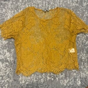 Yellow Sheer Short Sleeve Crop Top - Flirty & Stylish, Size S